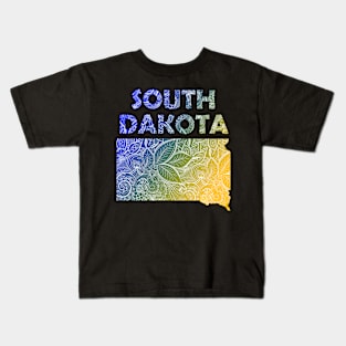 Colorful mandala art map of South Dakota with text in blue and yellow Kids T-Shirt